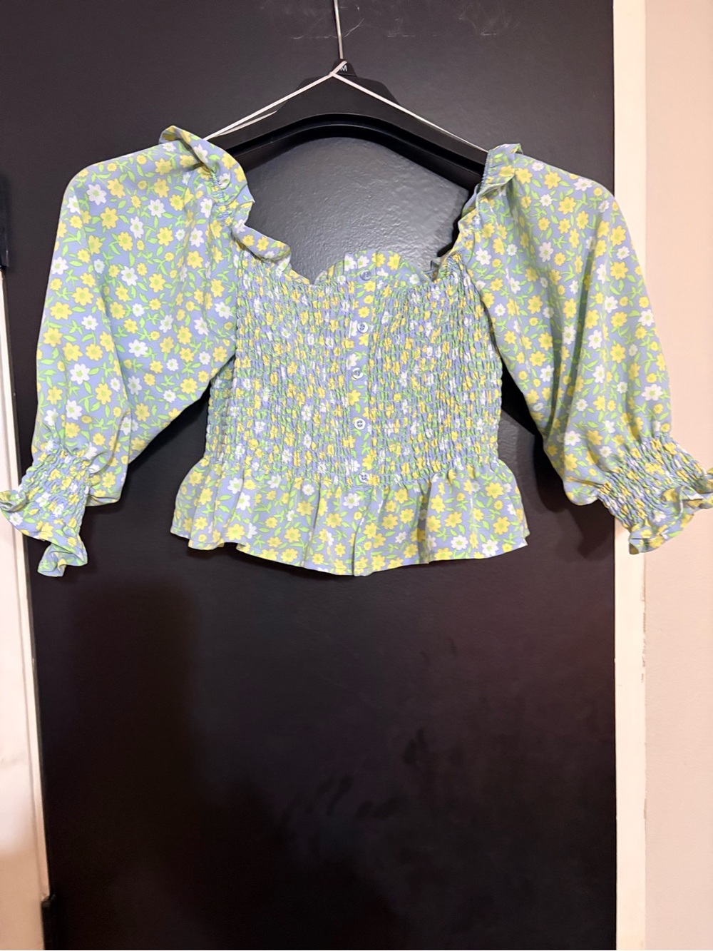 Floral Smocked Peasant Top - Green Yellow and Blue, sz. L